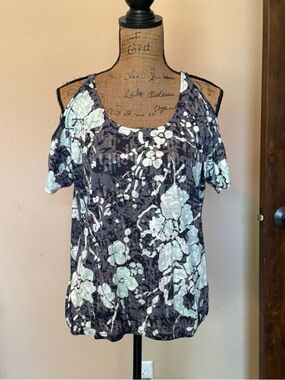 INC International Concepts Navy Cold-Shoulder Floral Tee with Light Blue Flowers